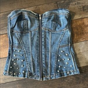 Y2K Studded Denim Corset Top Full Zip Front Size 6 B10